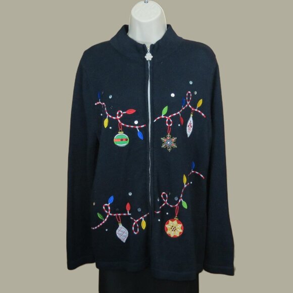 Nouveaux Women's Christmas Sweater Black Zip Ornaments Holiday Size Large - Picture 1 of 10
